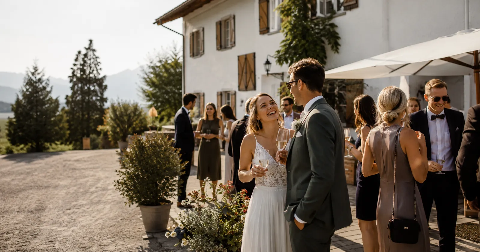 Brautpaar mit Gästen bei einem Hochzeitsempfang in Bayern